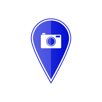 Blue map pointer with camera. Vector illustration
