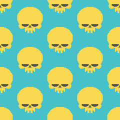 Skull pixel art seamless pattern. head of skeleton pixelated background. Retro 8 bit texture