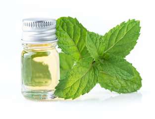 fresh mint essential oil on a white background