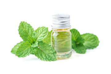 fresh mint essential oil on a white background