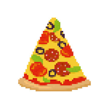 Pizza pixel art. Piece of pizza is pixelated. Fast food isolated