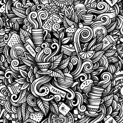 Graphic Tea time hand drawn artistic doodles seamless pattern