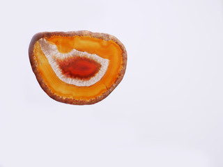 Bright orange slice of agate. Natural agate closeup isolated on white background.
