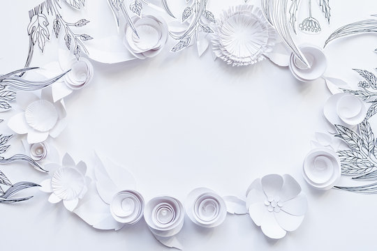 Frame From 3d Paper Flowers With Painted Leaves And Stems On The White Background