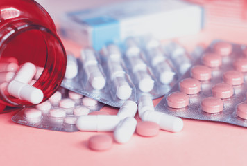 Pills and another drugs for illegal doping manipulations. Pharmacy antibiotic and antidepressant.