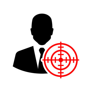 Icono plano target rojo y hombre negocios en fondo blanco