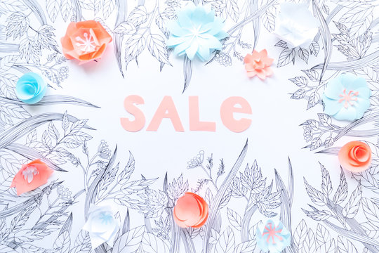 Sale from 3d paper flowers with painted leaves and stems on the white background