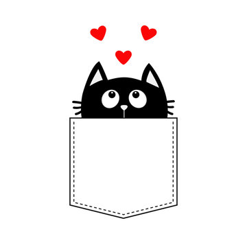 Black cat in the pocket looking up to three red heart set. T-shirt design. Cute cartoon character. Kawaii animal. Love Greeting card. Flat design style. White background. Isolated.