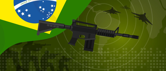 Brazil military power army defense industry war and fight country national celebration with gun soldier jet fighter and radar