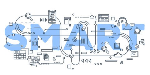 Vector creative illustration of smart word lettering typography with line icons on white background.