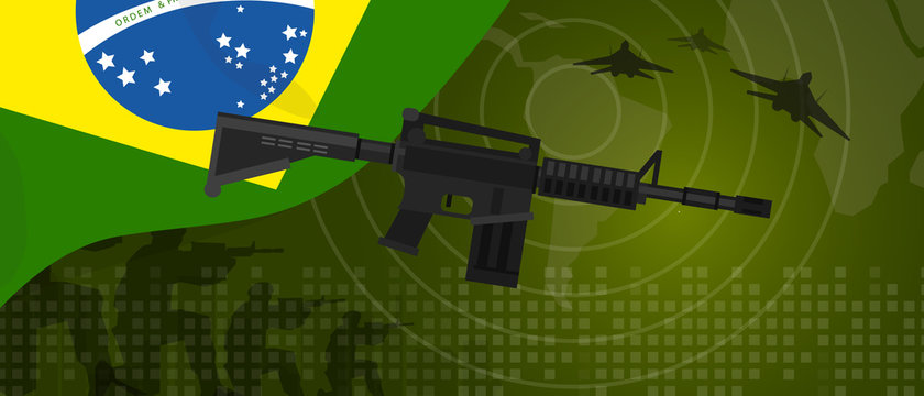 Brazil military power army defense industry war and fight country national celebration with gun soldier jet fighter and radar