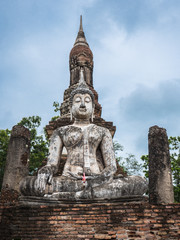 Fototapeta na wymiar Ruin ancient Buddhist temple, Wat Mahathat Sukhothai, landmark in Thailand