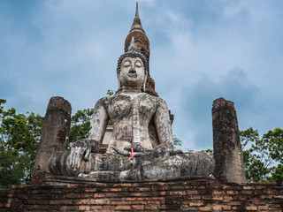 Ruin ancient Buddhist temple, Wat Mahathat Sukhothai, landmark in Thailand