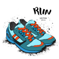Hand drawn sneakers on white background. Run Concept. Vector illustration