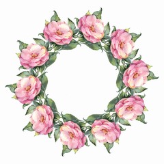 Watercolor floral wreath. Hand drawn element for design. Round frame