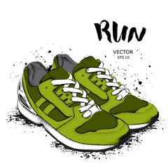 Hand drawn sneakers on white background. Run Concept. Vector illustration