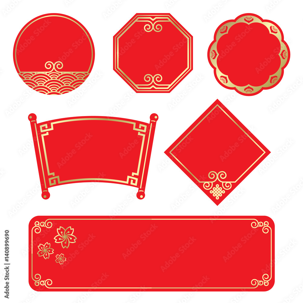 Poster gold frame and red backgroun banner tag style for chinese festival and event celebrations vector des