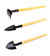 A set of garden tools for plant care on white background