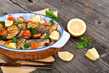 fresh seabass baked with vegetables