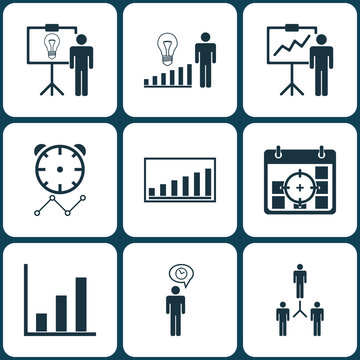 Set Of 9 Administration Icons. Includes Special Demonstration, Decision Making, Company Statistics And Other Symbols. Beautiful Design Elements.