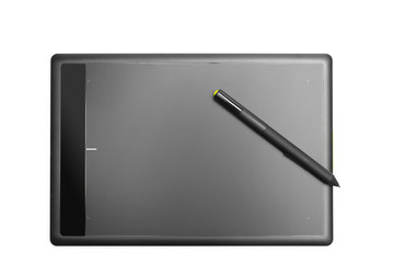 Graphic tablet with pen for illustrators and designers, isolated on white background