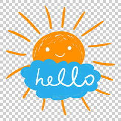 Hello summer hand drawn chalk sun icons. Vector illustration on isolated background.
