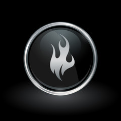 Fire symbol with flame icon inside round chrome silver and black button emblem on black background. Vector illustration.
