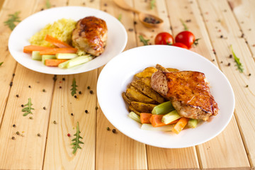 Meat dish. Grilled chicken on wood