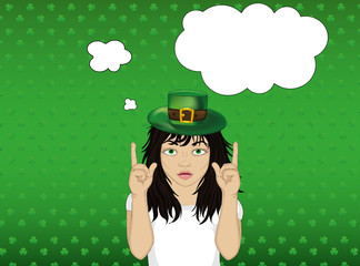 Enthusiastic girl in hat for St. Patrick's Day holiday. Hands show thumbs up. 