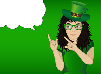 Enthusiastic girl in hat for St. Patrick's Day holiday. Hands show thumbs up. 