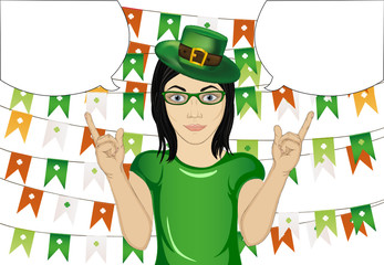 Girl in national costume and green hat on St. Patrick's Day holiday, smiling and hand pointing fingers to the side. Vector 