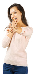 Young woman showing several expressions, isolated on white background