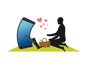 Lover of gadgets. Man and smartphone On picnic. Basket and picnic blanket. Always together device. I love my phone.
