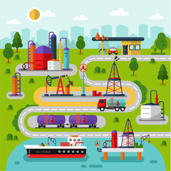 Flat design vector landscape illustration of oil and gas extraction and transportation map. Including rig, pumping station, delivery, storage, factory, gas station, road, cargo tank, tanker.