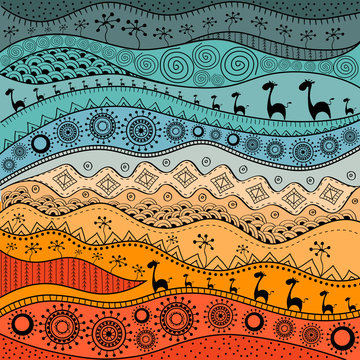 African hand-drawn ethno pattern, tribal background. It can be used for wallpaper, web page and others.  Vector illustration.