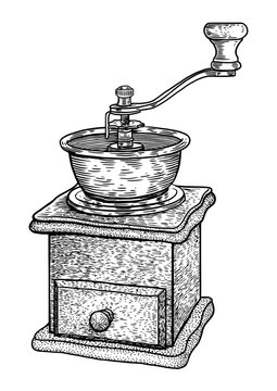 Coffee grinder illustration, drawing, engraving, ink, line art, vector