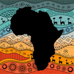 Textured vector map of Africa. Hand-drawn ethno pattern, tribal background. Vector illustration. Abstract colored Background