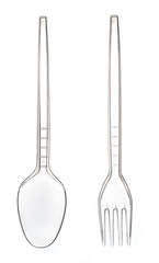 plastic spoon and fork isolated on white background