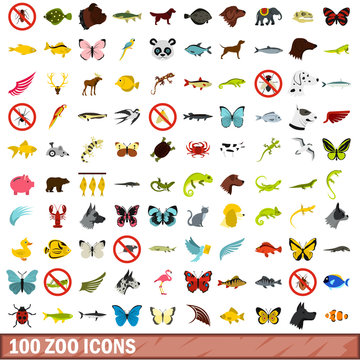 100 zoo icons set, flat style
