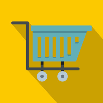 Blue shopping trolley icon, flat style