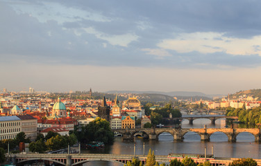 Fototapeta na wymiar Attractive morning view of Prague bridges and old town, Czech Republic