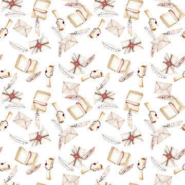 Seamless pattern with watercolor vintage mail envelopes, feathers, open notebook and scroll of parchment , hand drawn on a white background