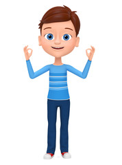 Boy isolated on white background showing okay. 3d rendered illustration.