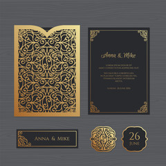 Fototapeta na wymiar Wedding invitation or greeting card with vintage ornament. Paper lace envelope template. Wedding invitation envelope mock-up for laser cutting. Vector illustration.