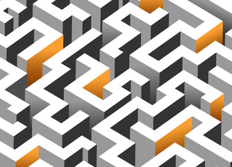 Black, white and orange maze, labyrinth. Endless pattern - horizontal version