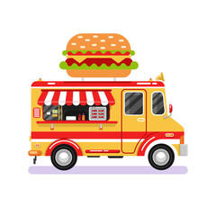 Flat design vector illustration of fast food van. Mobile retro vintage shop truck icon with signboard with big tasty hamburger. Car side view, isolated on white background