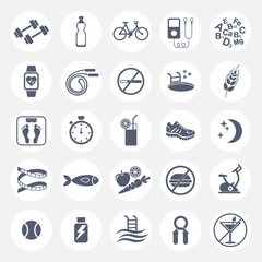 Set of flat vector icons with tips for losing weight. Sport, diet and healthy lifestyle. Gym, workout, exercises, training 