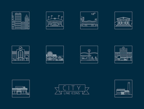 City. Urban buildings and facilities Square Line Icons, blueprint style