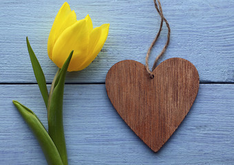Yellow tulip and decorative wooden heart on blue wooden background.Spring holidays or spring decor concept.Selective focus.