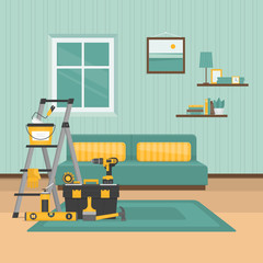 Renovation room. Home interior renovation. Flat style, vector illustration.